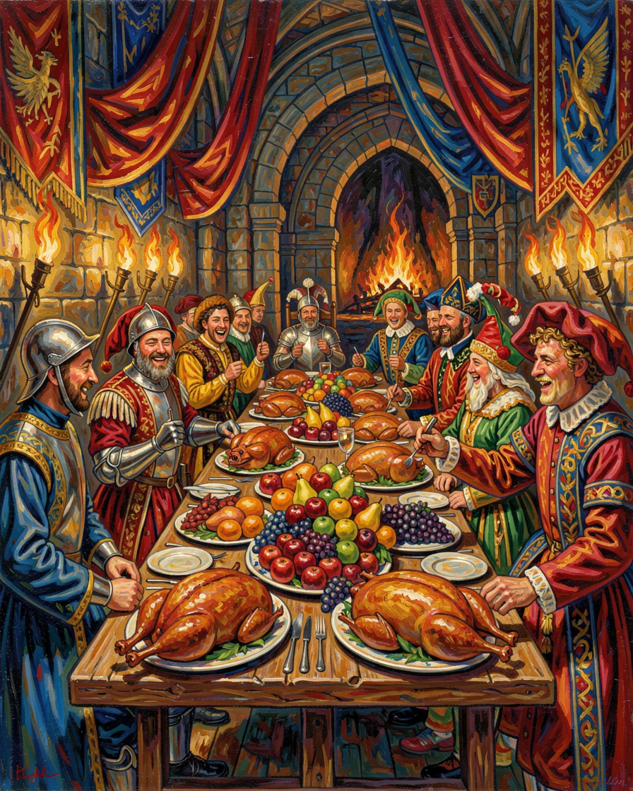 A grand medieval feast in a torchlit castle hall, tables laden with roasted meats and fruit.
