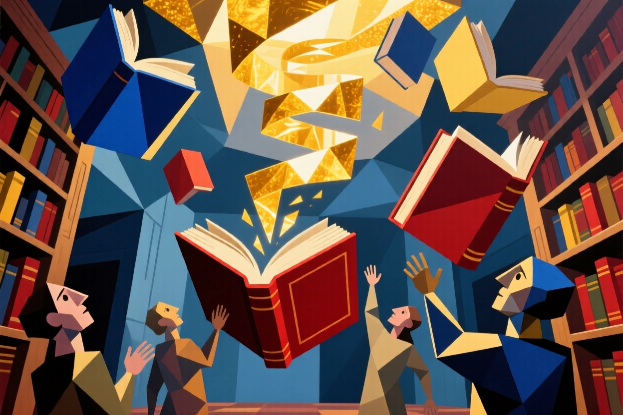 A magical library with floating books and glowing golden light spiraling upward.