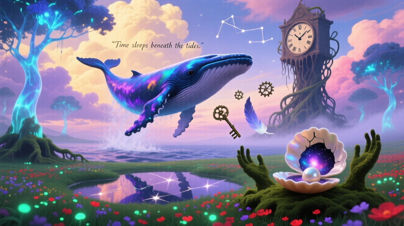 A whale breaching gracefully through a sky full of soft clouds moves gracefully through a hushed, dreamlike landscape, as the surrounding world holds still in quiet wonder.