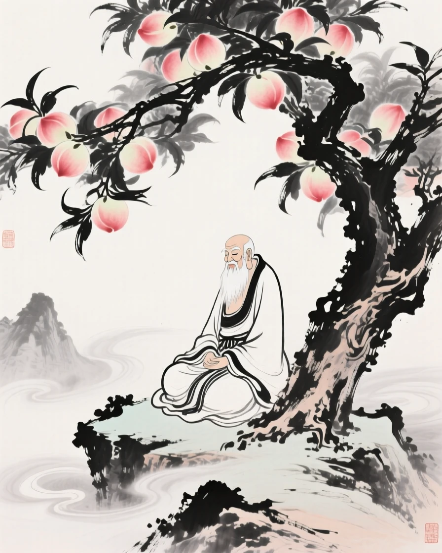 A wise deity sits beneath a peach tree heavy with fruit, with mist swirling slowly around the mountain's base.