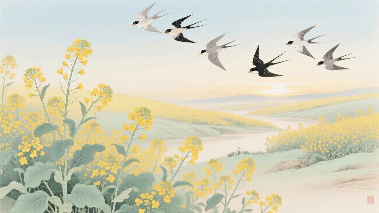 A valley of blooming rapeseed flowers under blue sky, with a flock of birds crossing the pale morning sky