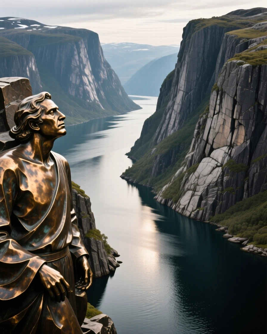 A dramatic fjord carved between towering granite cliffs, capturing a powerful sense of scale and grandeur, offering a breathtaking sense of place