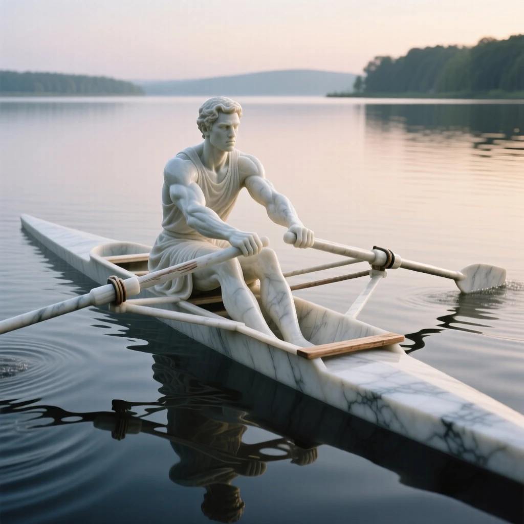 A vivid, emotionally rich scene of a rower gliding across a still lake at dawn, in a moment of quiet stillness, designed to captivate and inspire
