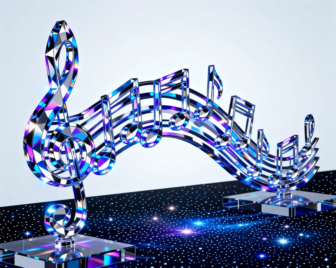 A surreal bridge made of glowing musical notes spanning a starry void.