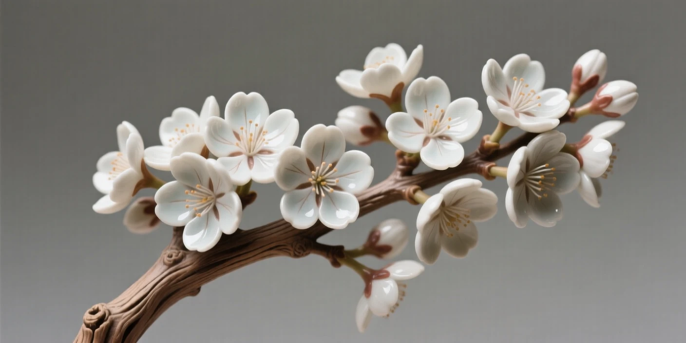 A cluster of cherry blossoms on a slender branch clustered together in natural harmony, its edges delicately curled and textured, capturing a fleeting, delicate moment in bloom.