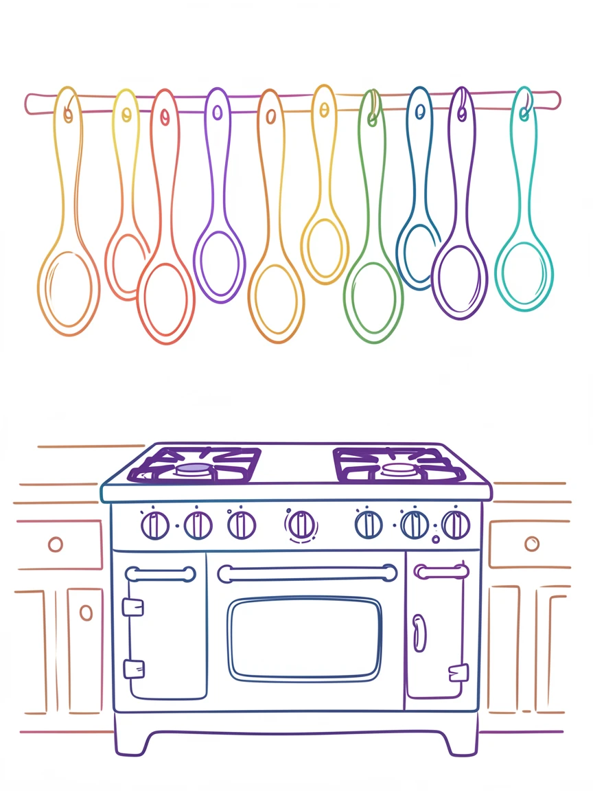 A row of hand-carved wooden spoons hanging above a rustic stove.