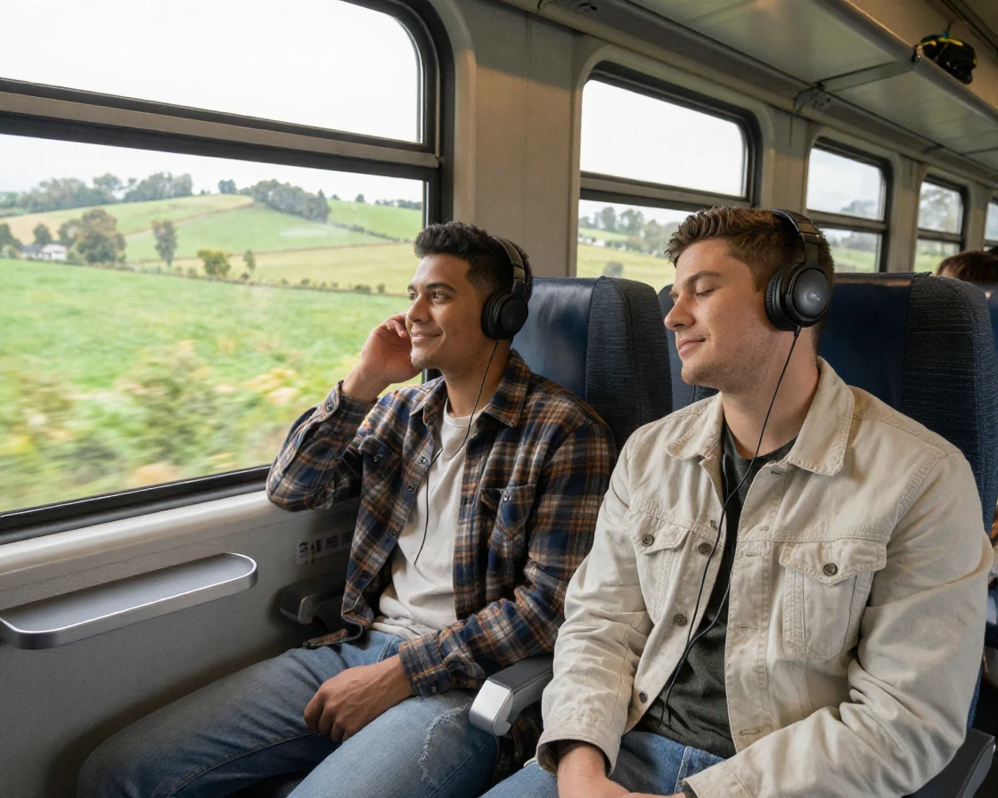 Two friends share one pair of headphones on a long train ride through the countryside.