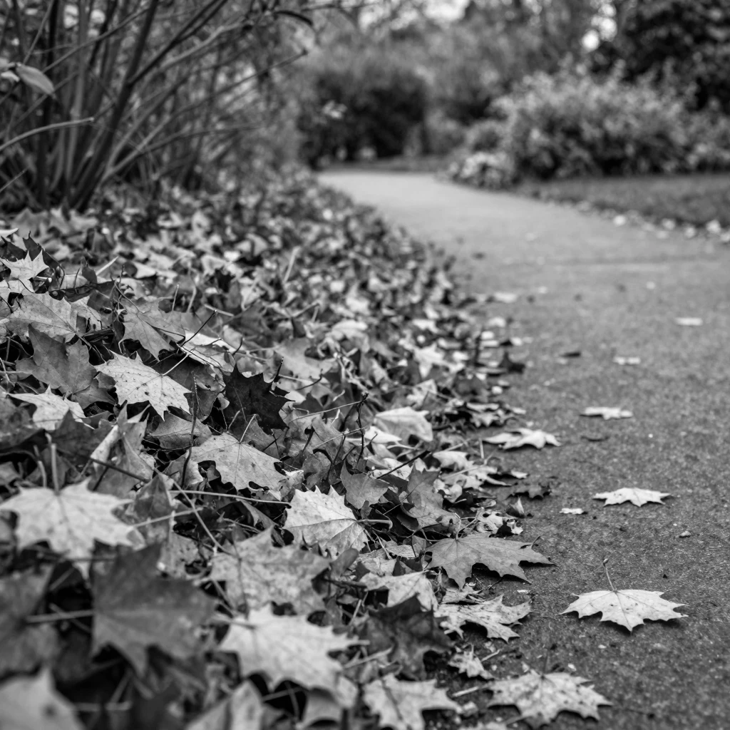A pile of autumn leaves crunches into a colorful heap along a quiet garden path.