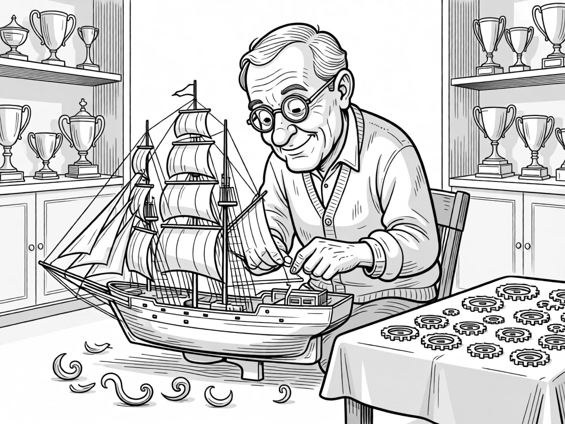 A grandfather building an elaborate model ship, carving delicate curls of wood onto the floor, set in a den lined with dusty trophies. Tiny gears and springs are scattered neatly on a cloth. It captures the quiet joy of passing traditions down.