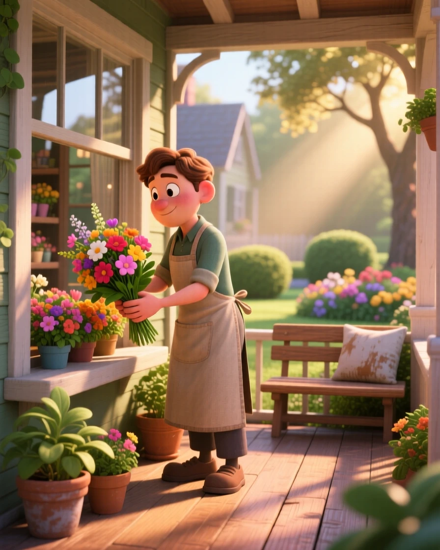 A shopkeeper arranging fresh flowers in a window display is captured on a porch overlooking a quiet garden, with warm morning light spilling across the scene. A quiet, wholesome charm lingers over the moment.
