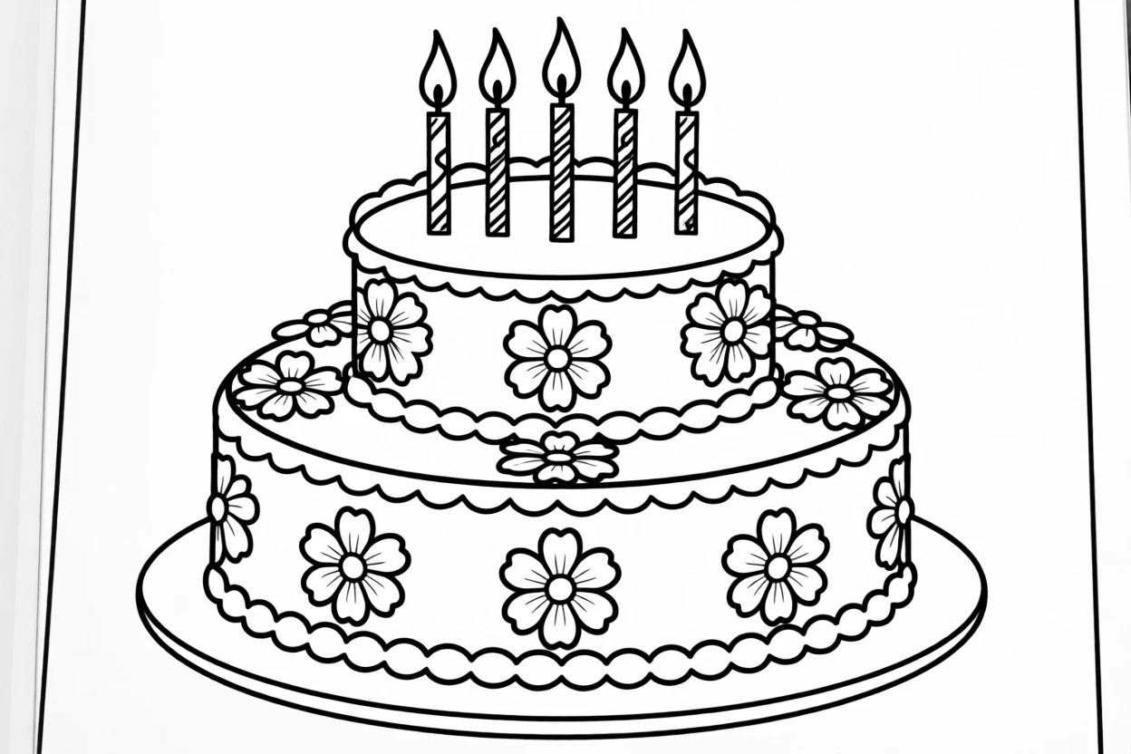 A birthday cake decorated with candles and frosting flowers