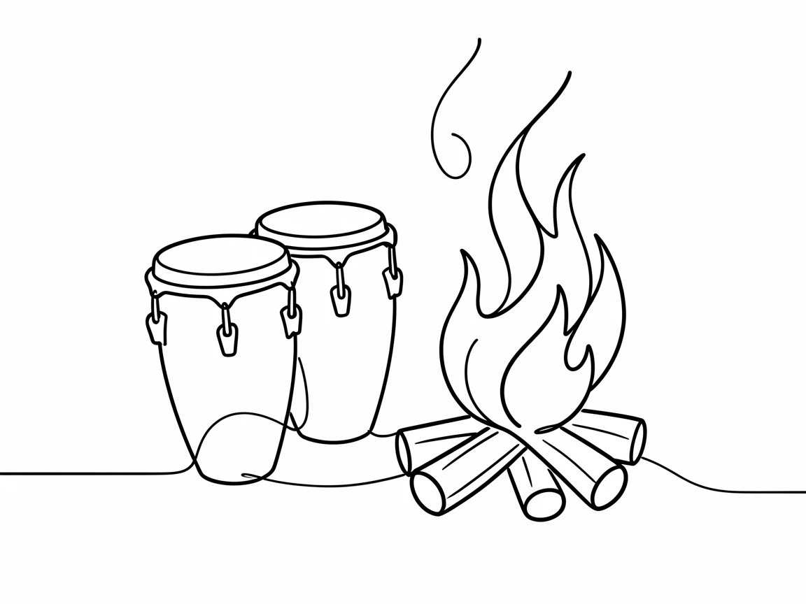 A pair of bongo drums resting beside a beach bonfire at dusk