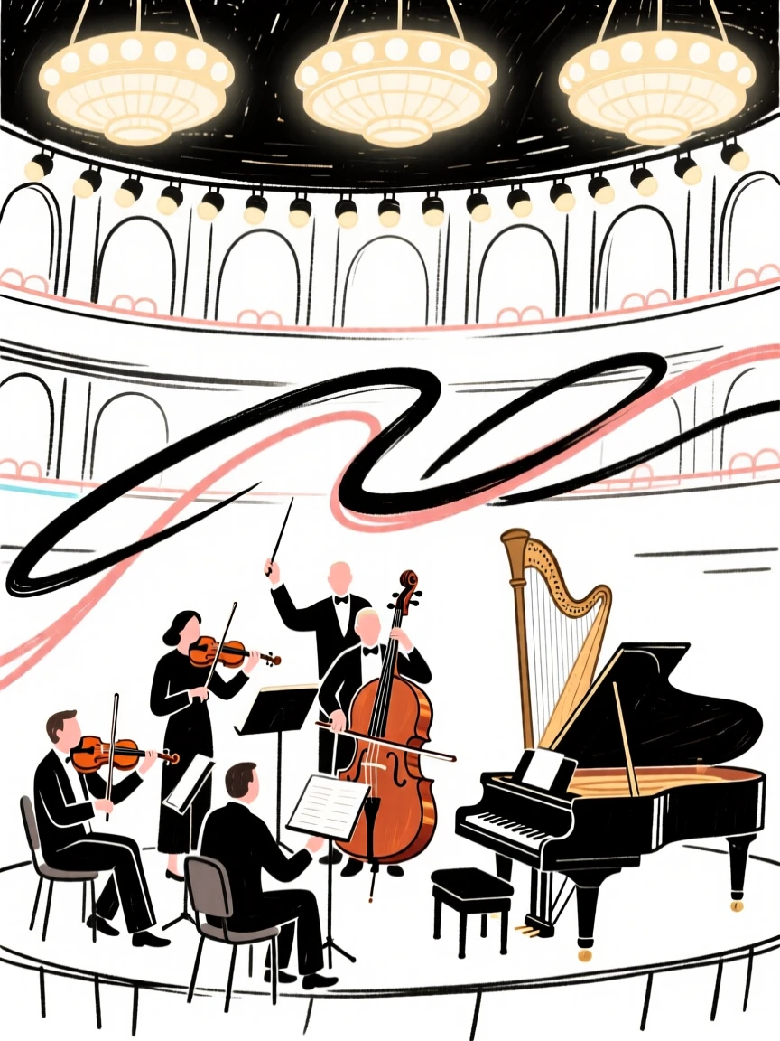 A symphony orchestra performing together under grand concert hall lights.