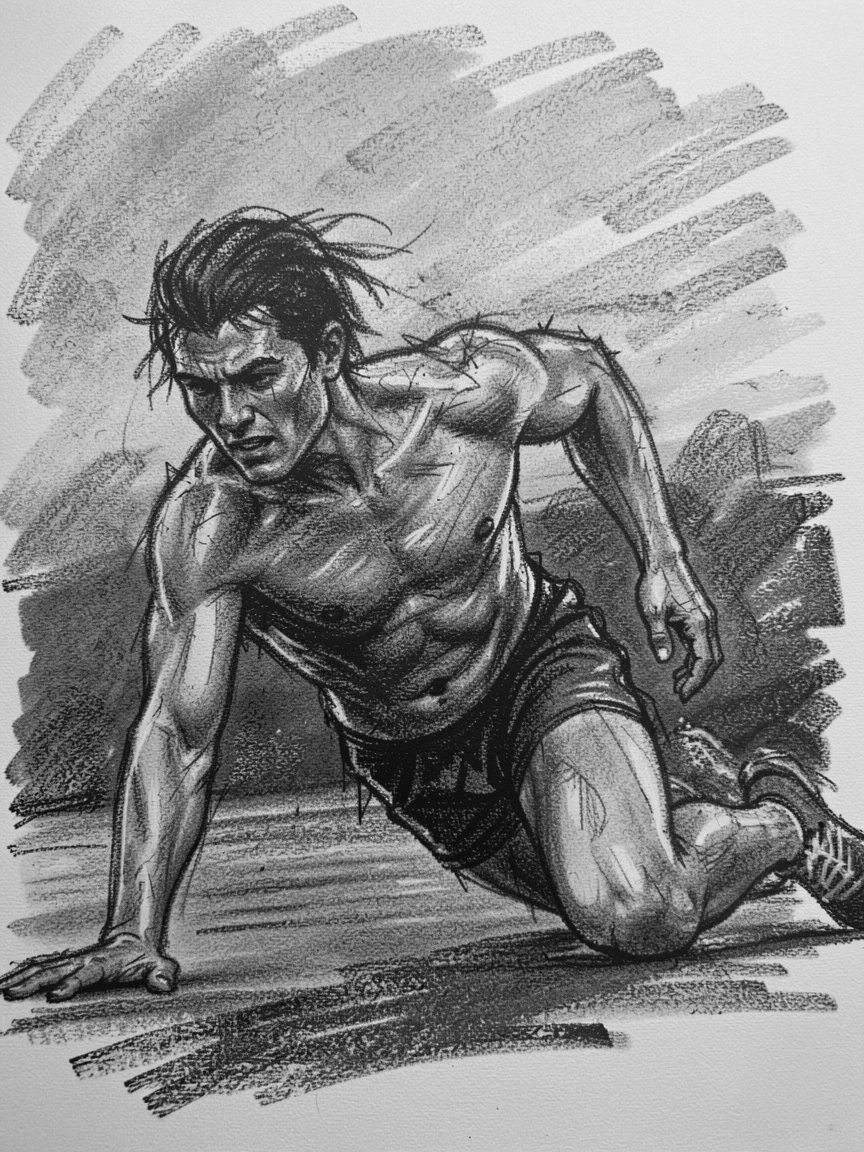 An athlete overcoming a fall to rise and finish the race, as the last light of day fades to dusk.
