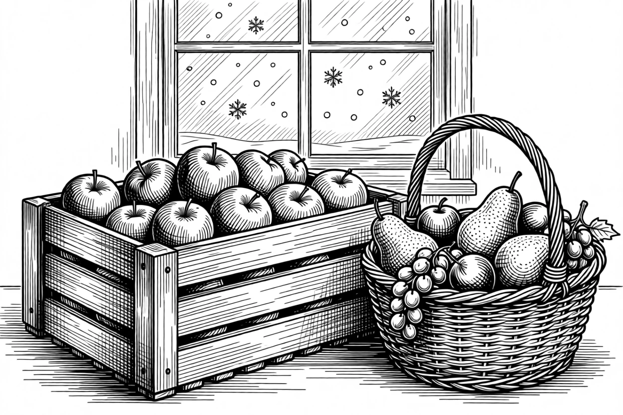 A harvest of apples in a wooden crate while gentle snowflakes drift past a window, with a basket overflowing with seasonal fruit, capturing a gently sentimental seasonal moment.