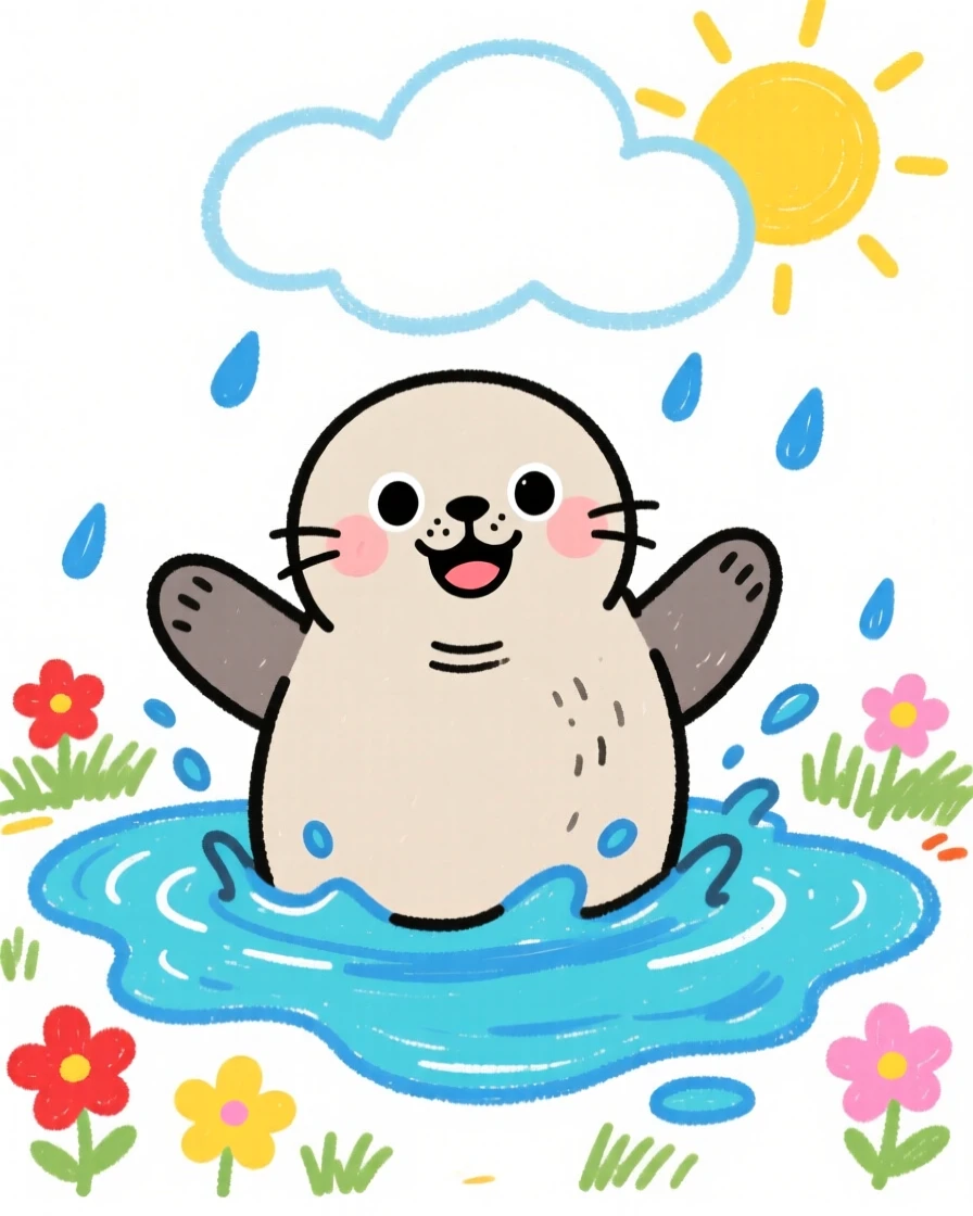 A chubby seal pup splashing in a shallow puddle after rain.