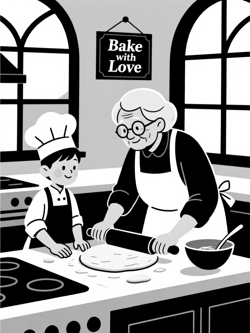 A young chef learning to bake from a grandparent.