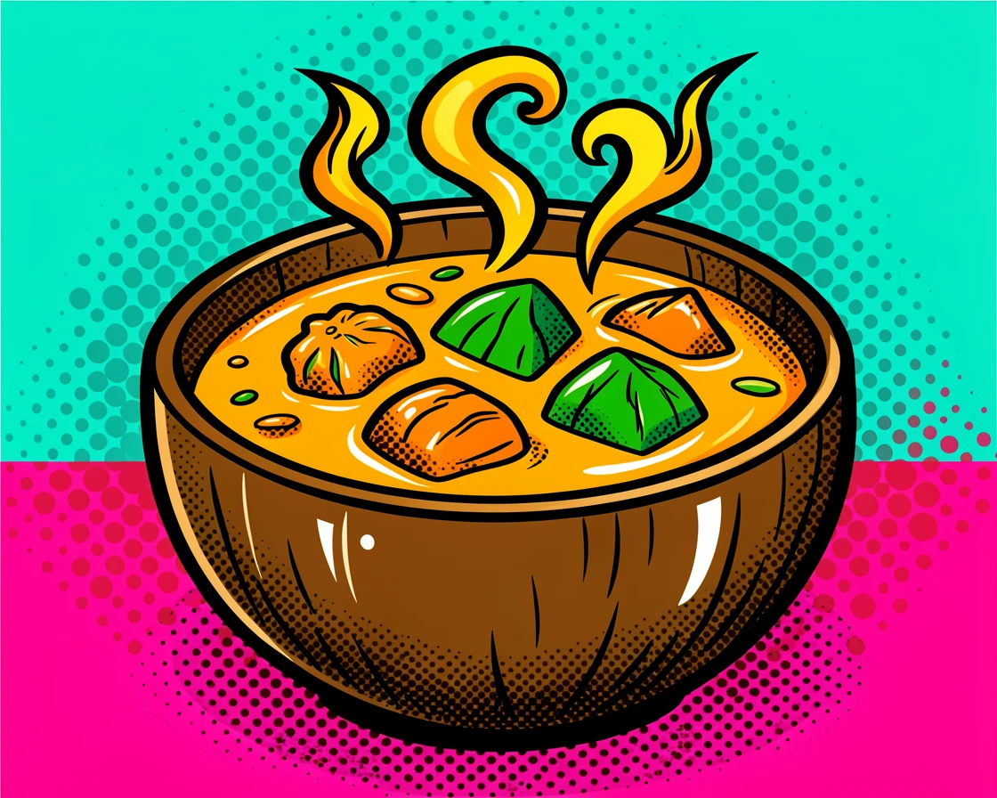 A Thai curry served in a coconut shell bowl