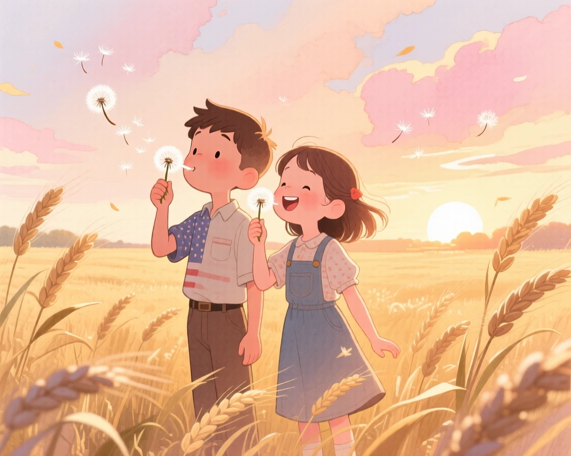 A pair of best friends, a boy and a girl blowing dandelion seeds into the breeze, in a golden wheat field at sunset, evoking a warm sense of nostalgia.