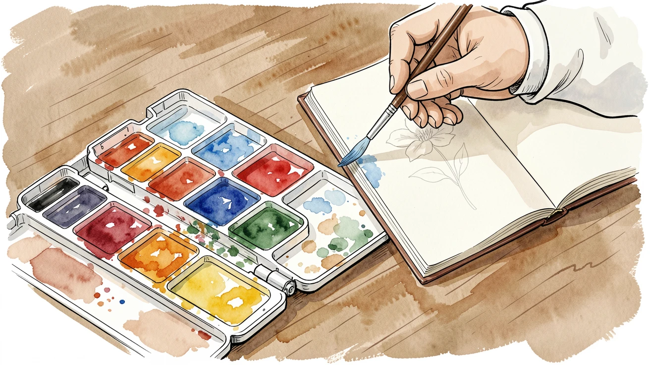 A painter mixing watercolors on a palette beside an open sketchbook, a quiet sense of skill and patience throughout the scene.