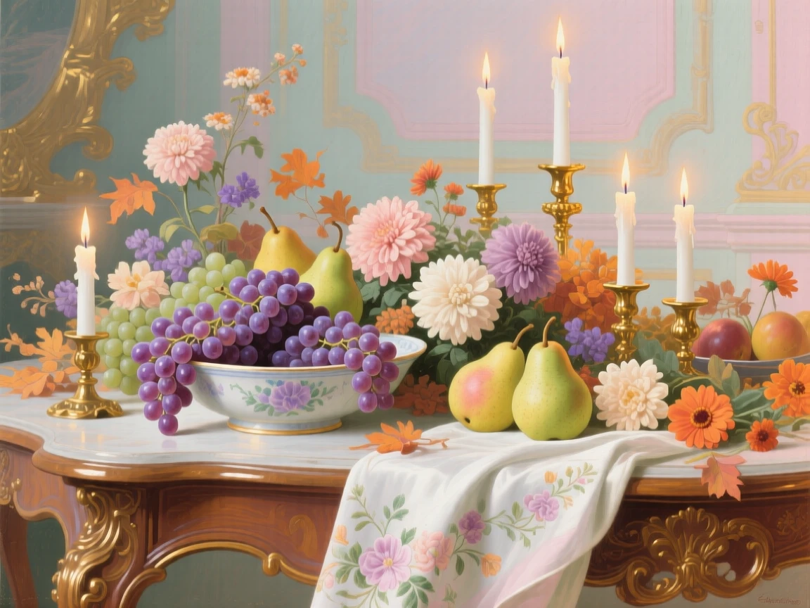 A harvest table covered with grapes, pears, candles, and autumn flowers  