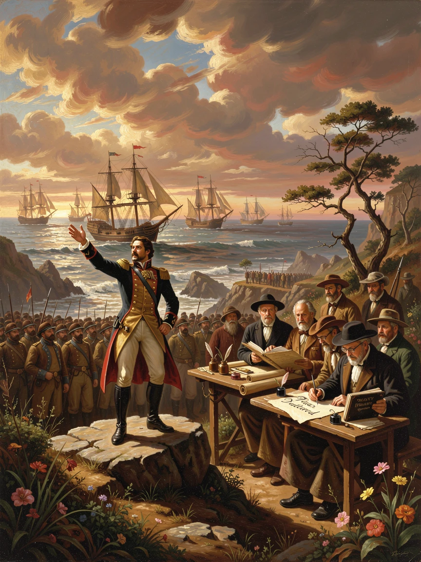 A fleet of ships addresses his troops before a hard-won peace as scholars record the moment.