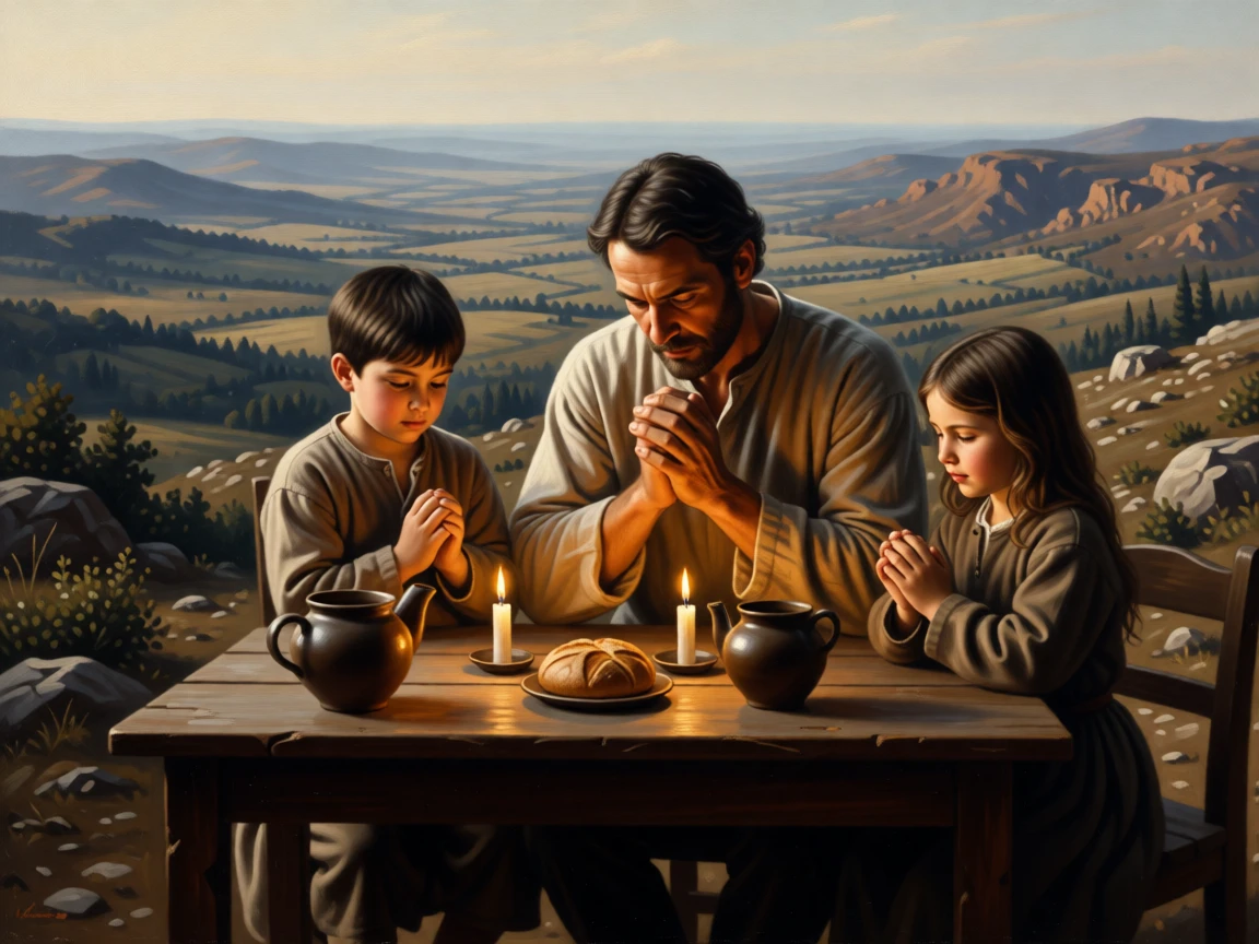 A father teaching his children to give thanks before a simple meal as ancient wisdom passes gently to the next generation, set atop a remote mountain overlooking an endless valley, with candles flickering steadily despite an unseen breeze; quiet, uncluttered space allows the emotional core room to breathe, suggesting the enduring comfort of belief and community.