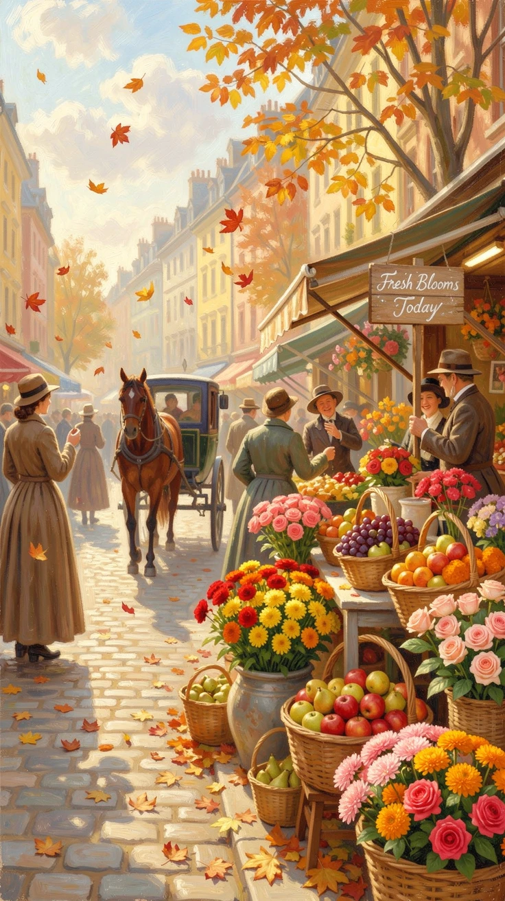 A bustling Victorian-era street market with horse-drawn carriages and vendors selling flowers and fruit, as autumn leaves begin to fall, radiating joy and gentle celebration.