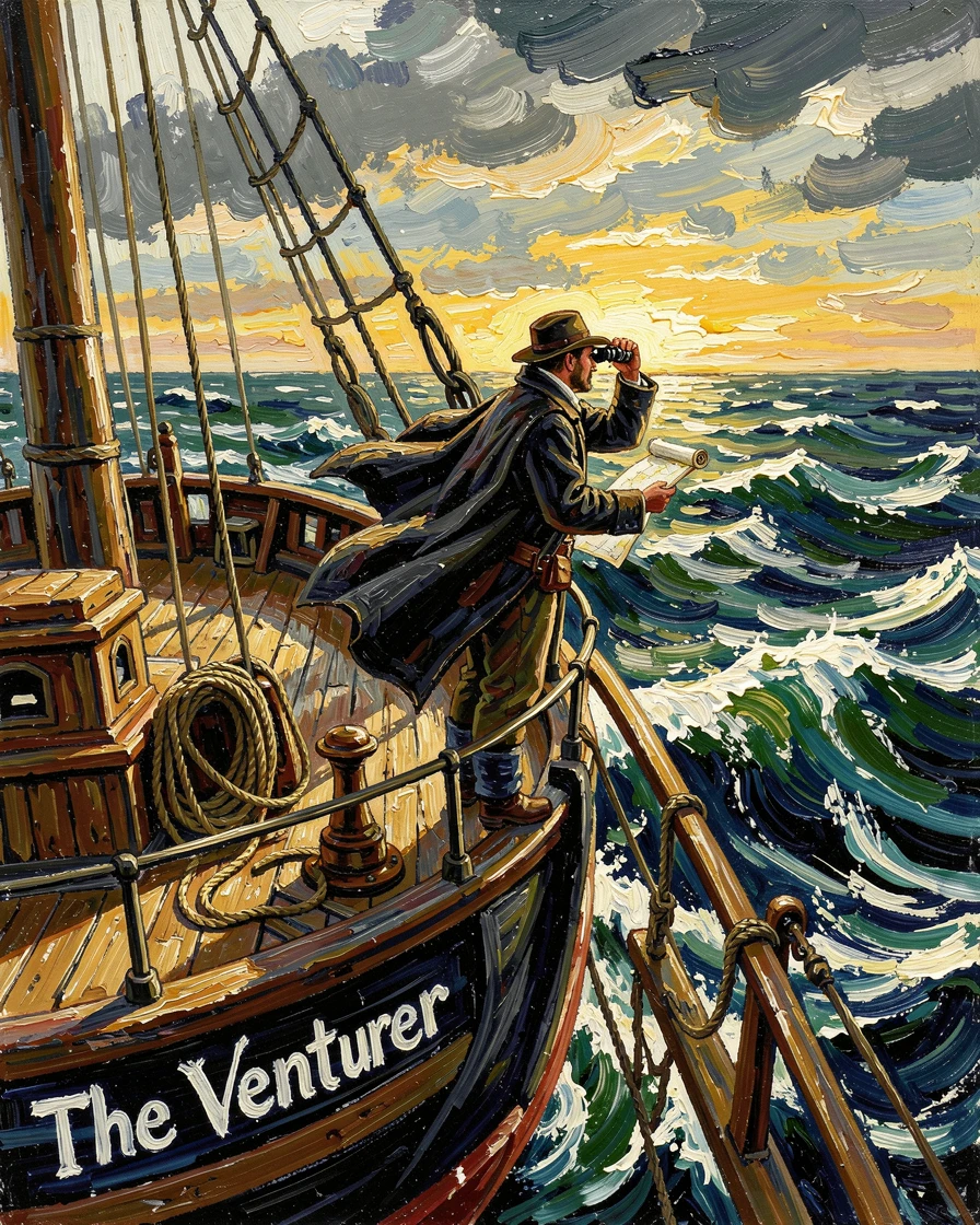 A lone explorer charting new territory from the deck of a wooden ship at sea.