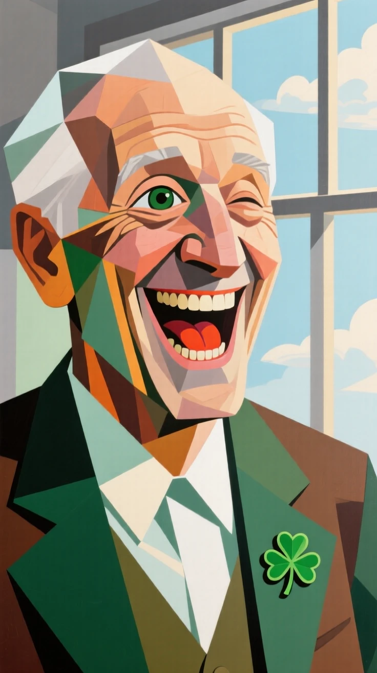A close-up portrait of an elderly man of Irish heritage, laughing joyfully, in soft window light.