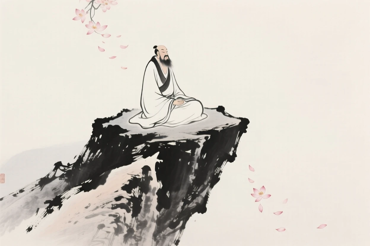 A robed immortal meditates atop a floating mountain peak, as petals drift down from an unseen source above.