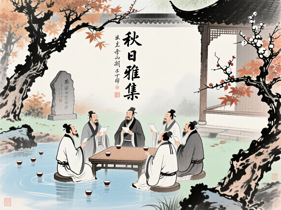 An ancient scholar's garden party with guests composing poems on floating cups, at the turn of autumn, brimming with peaceful contentment, as morning mist begins to lift.