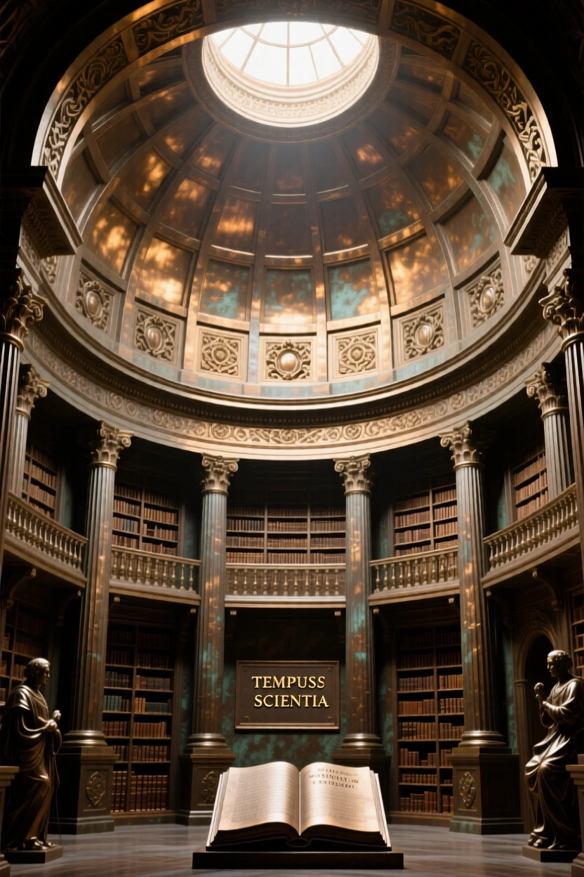 A grand ancient library dome filled with soft light, rendered with striking symmetry and scale, exuding timeless grandeur