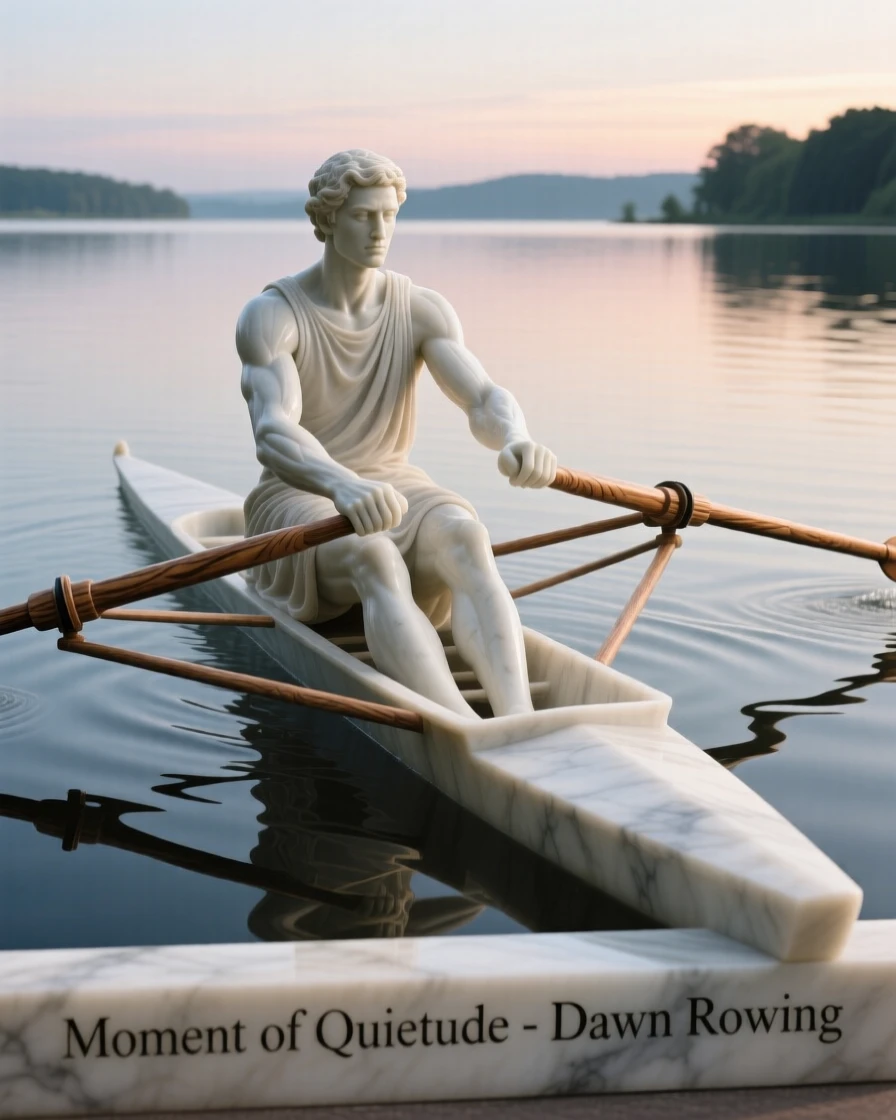 A beautifully composed image of a rower gliding across a still lake at dawn, in a moment of quiet stillness, full of atmosphere and visual storytelling