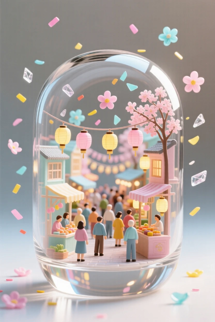 A market street filled with color during a spring festival as confetti drifts through the air above the crowd, while confetti and petals drift through the evening air