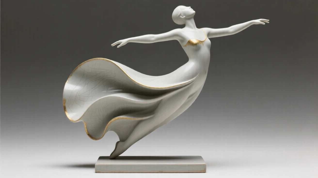 A graceful abstract figure in a flowing pose presented in a poised, gallery-ready stance, accented by tasteful gilded highlights, evoking refined elegance and quiet luxury.