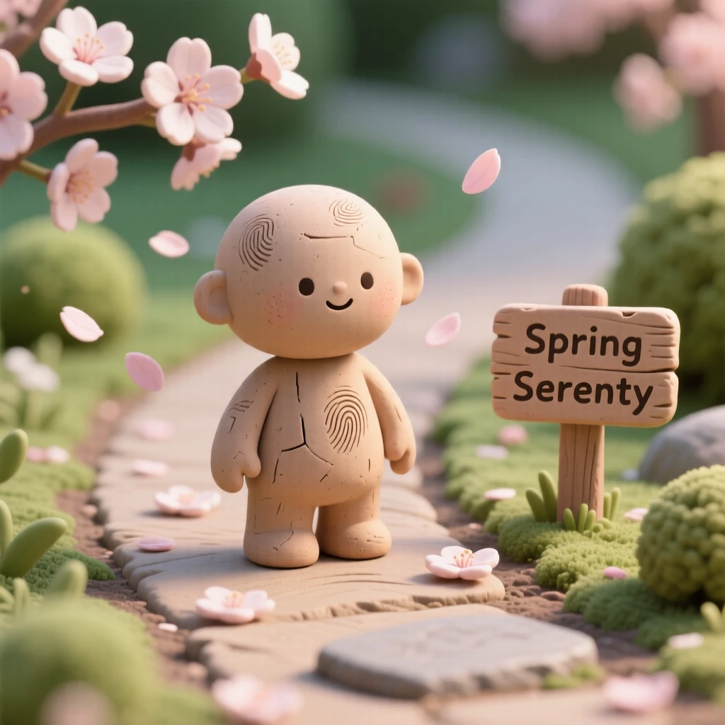 Cherry blossoms drifting gently over a quiet spring garden path