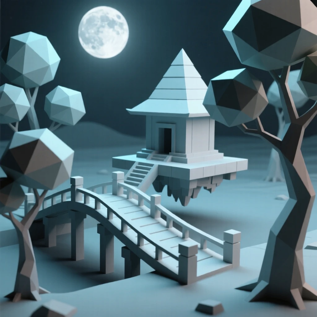 A moonlit bridge leading to a floating temple, beneath a canopy of glowing, otherworldly trees. the composition frames the subject as a clear focal point. The mood is mysterious yet inviting.
