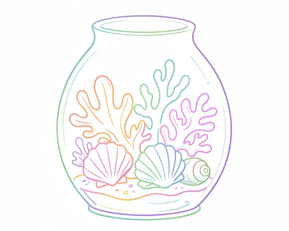 A display of seashells and coral arranged in a glass terrarium.