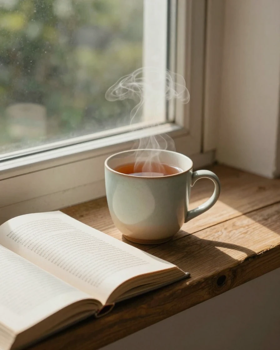 A steaming mug of tea beside an open book on a windowsill