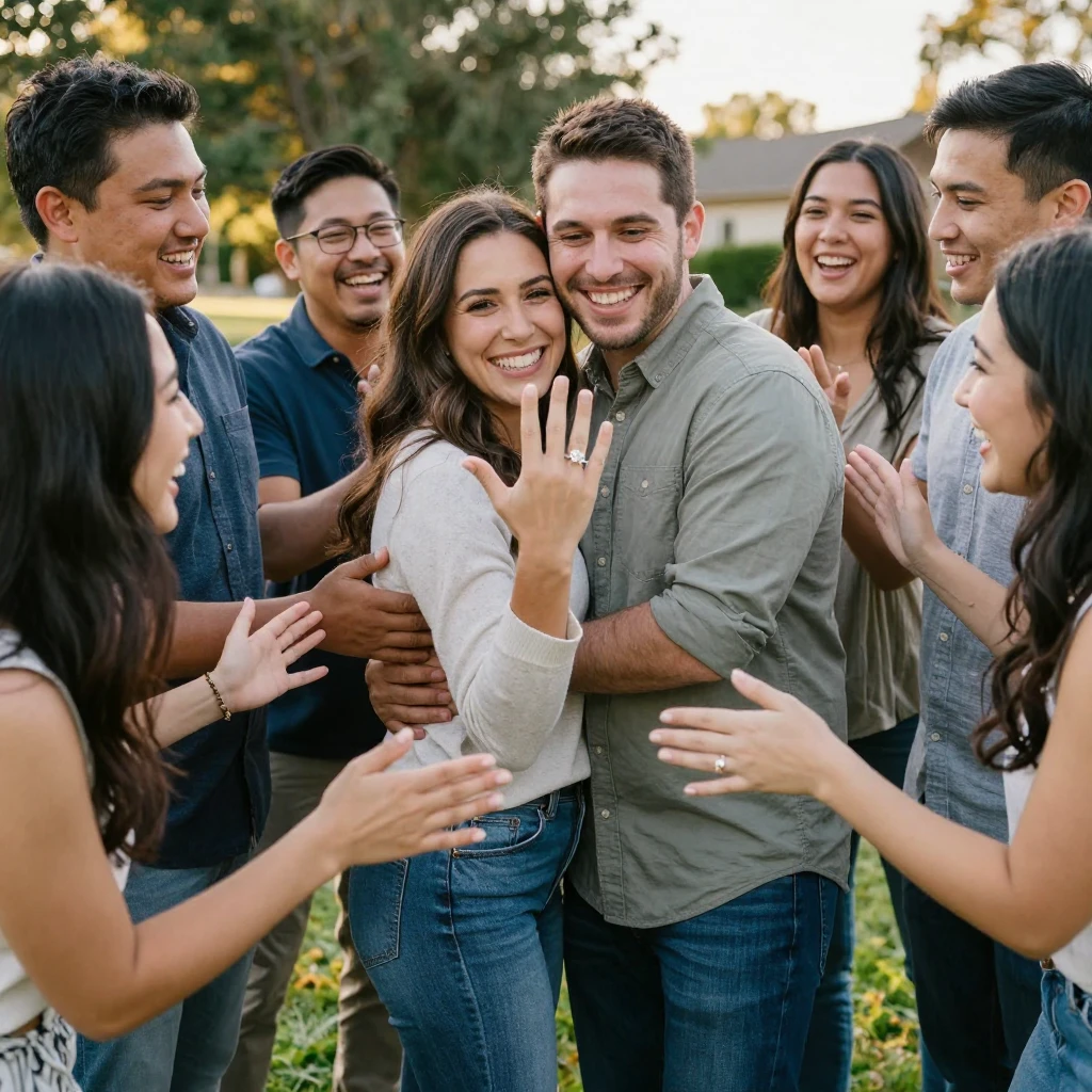 A newly engaged couple shows off a ring to a circle of friends who pull them into a group hug.