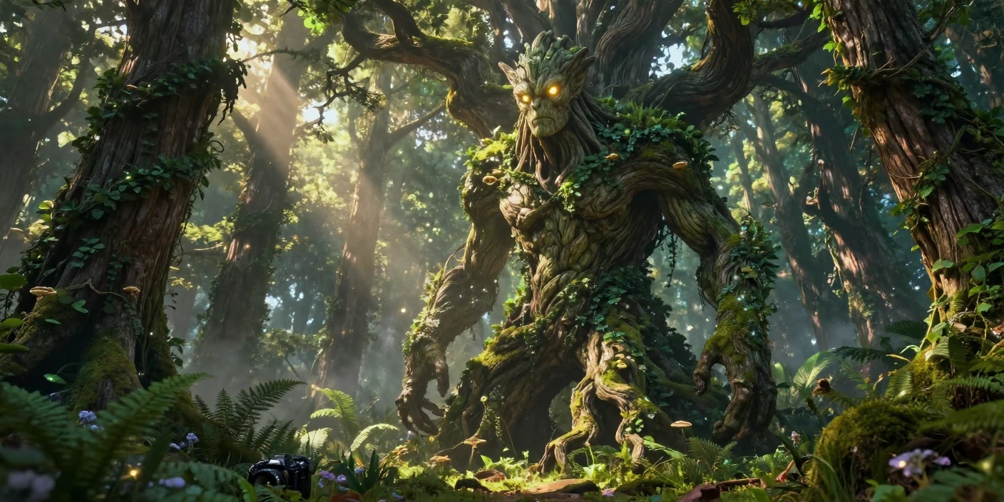 A towering treant guarding an ancient grove appearing deep within an enchanted forest as magic fills the air