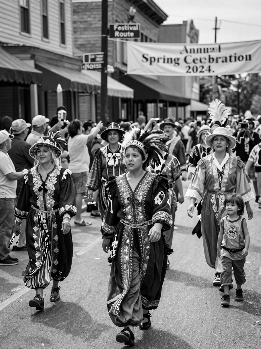 A parade of costumed performers marches through town in vibrant costumes along a festival parade route.