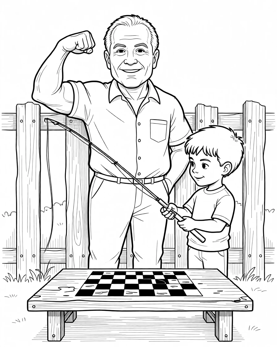 An elderly man teaching his grandson to fish, flexing with exaggerated bravado for the camera, set beside a weathered wooden fence. A worn checkerboard shows decades of use. It feels like a living memory, cherished and ongoing.