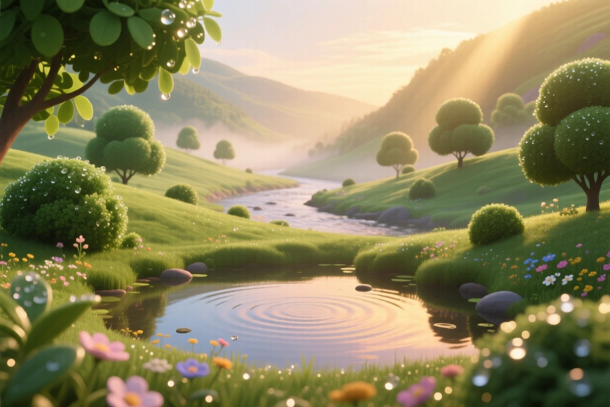 A winding river valley glows as morning dew clings to every leaf and petal, with small ripples spreading outward across a pond. The mood is serene, vast, and quietly majestic.
