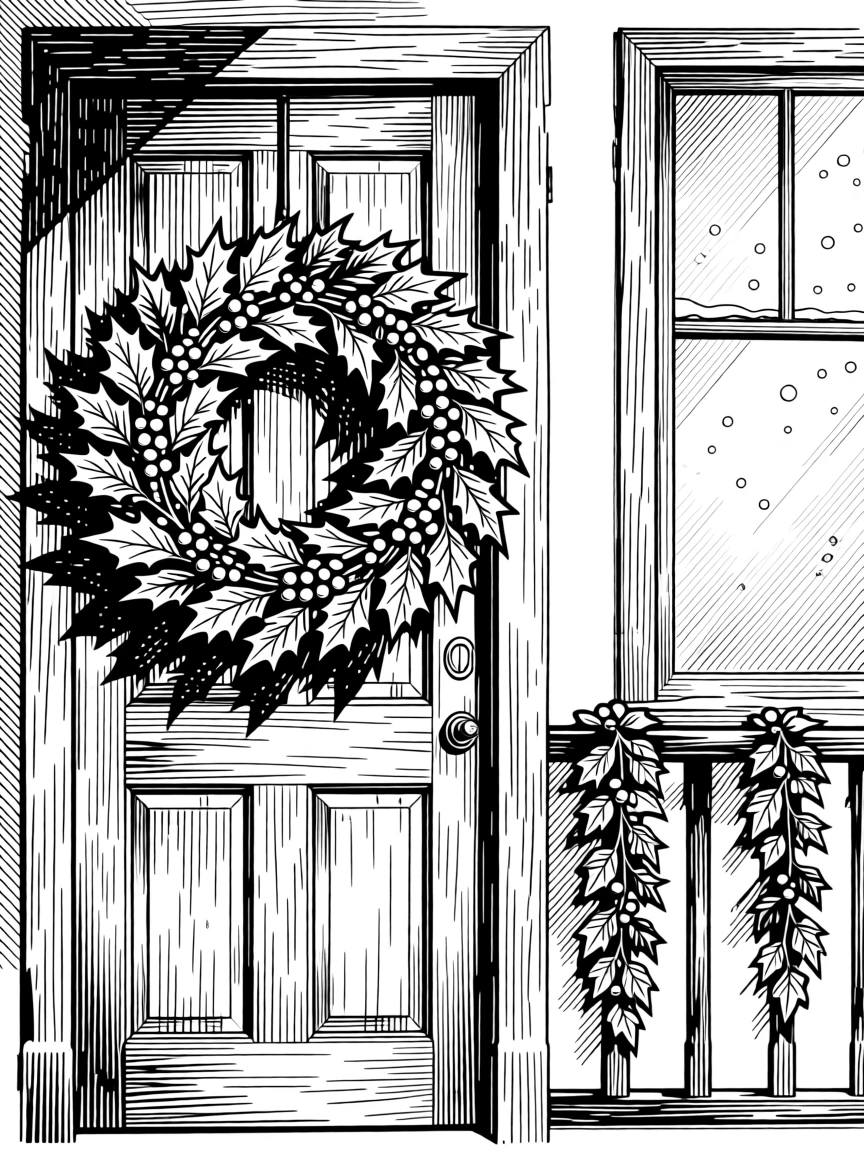 A wreath of holly hanging on an old wooden door while gentle snowflakes drift past a window, with garlands draped along a wooden railing, capturing a peacefully magical seasonal moment.