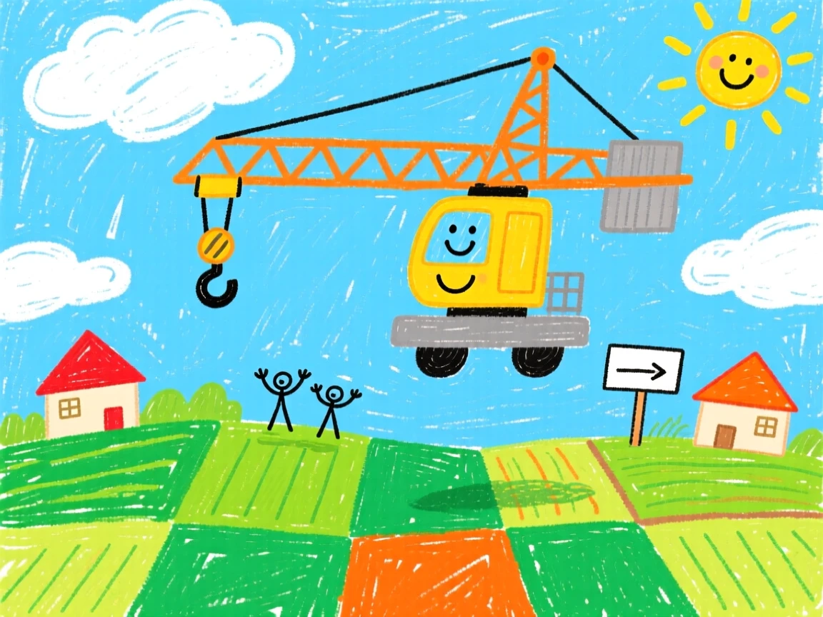A bustling construction crane floating above a patchwork of green fields.