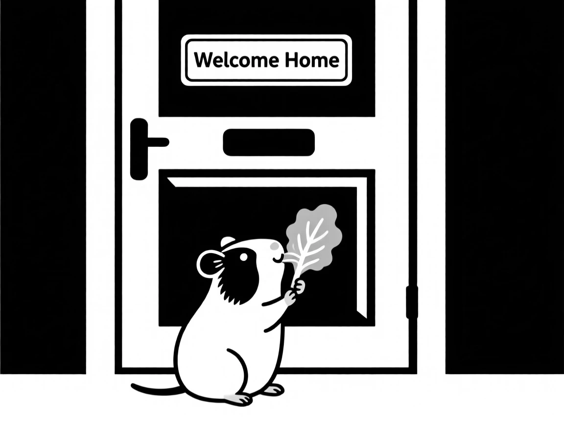 A guinea pig nibbling lettuce greeting its owner at the front door.