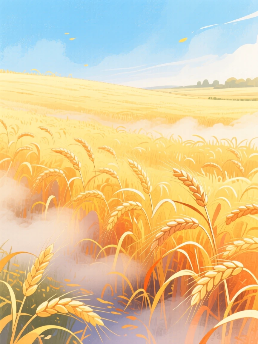 A golden wheat field rippling in the summer wind, with gentle mist rolling low across the ground, capturing the breathtaking beauty of untouched nature.