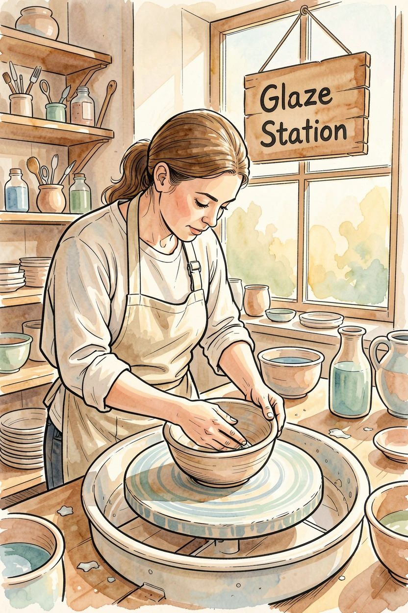 A ceramicist glazing a finished bowl in a sunlit studio, warm natural light illuminating the workspace.